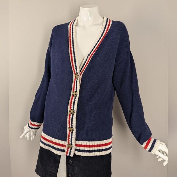 Vintage GAP Cardigan XS Cotton Navy Red White Preppy Button Down Striped Trim - Picture 1 of 10